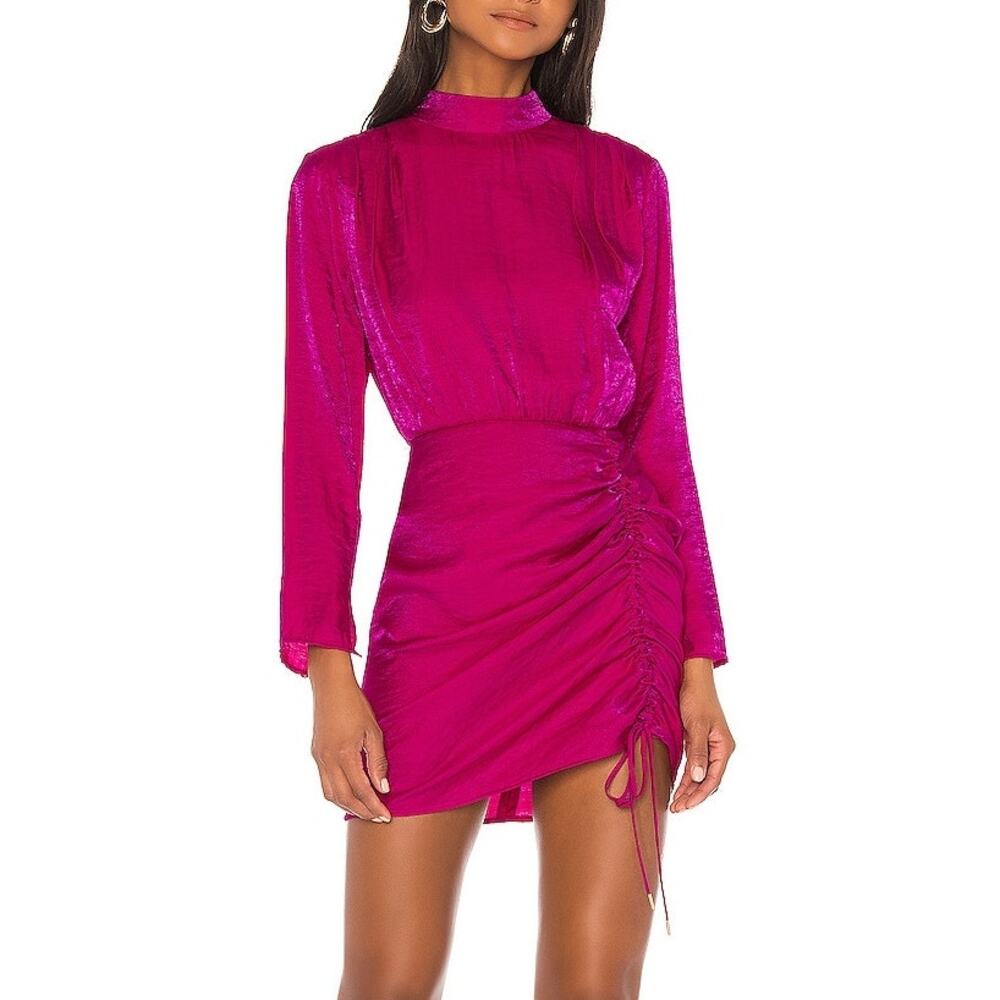 Finders Keepers Yasmine Long Sleeve Side Ruching Fuchsia Mini Cocktail Dress